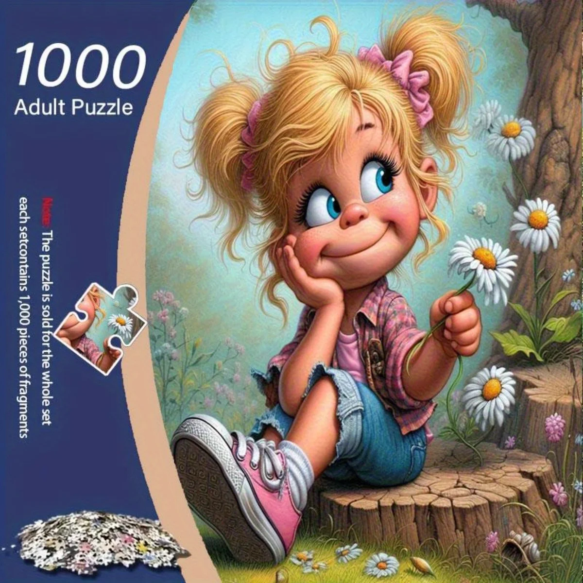 

1000 шт. безрамная головоломка для взрослых - блондинка для девочек с двойными хвостиками, сидящая на пеньке дерева, удерживающая ромашки, обучение на весну
