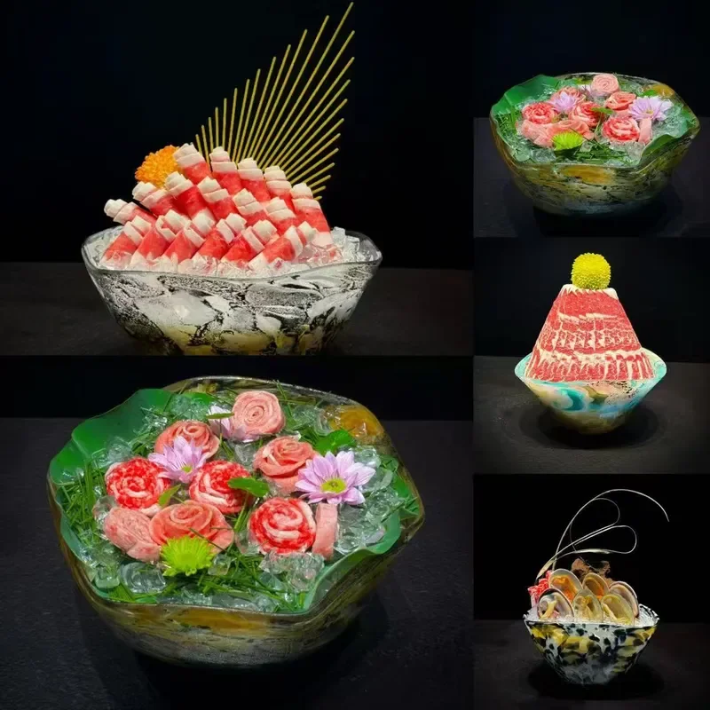Irregular Multilateral Colorful Glass Sashimi Bowl Light Luxury Chinese Style Cold Dish Seafood Hot Pot Serving Plate for
