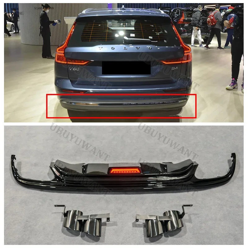 Für VOLVO S60 V60 Mit Led-Licht Zurück lippe Auto Hinten Stoßstange Diffusor Splitter Spoiler körper kit 20-25 (einschließlich Auspuffrohre)