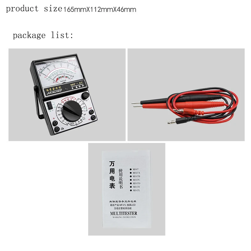 MF47 Pointer Multimeter DC Current 10A Tester Voltage Resistance Capacitance Analog Display Meter