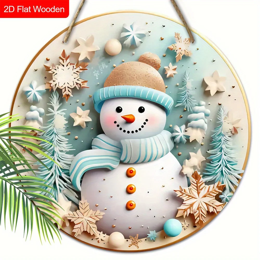 2D Flat, 2D Flat 1pc Winter Christmas Blue Snowman Logo Wooden Sign Decoration, Front Door Embossed Effect Wall Decoration, Suit