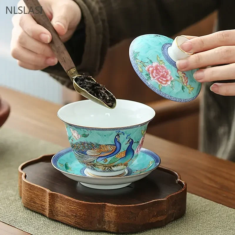 180ml Jingdezhen Ceramic Gaiwan Enamel Color with Cover Tea Cup Sancai Tea Bowl Chinese Porcelain Tea Set Household Tea Infuser