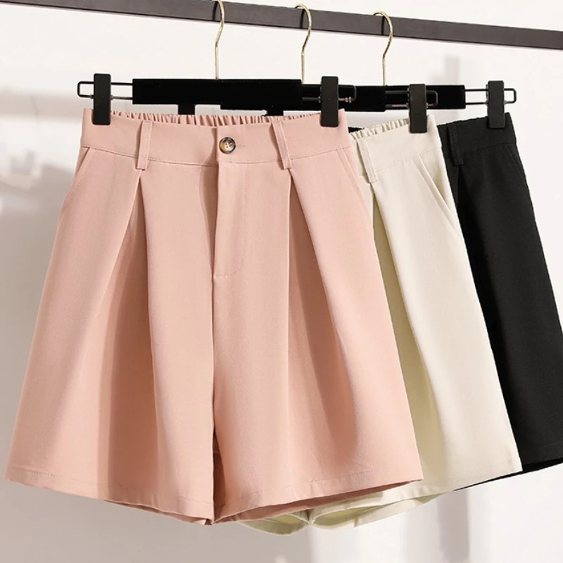 

Plus Size Suit Shorts For Women High Waist A-Line Pleated Shorts Summer 2025 Korean Style Solid Casual Wide Leg Short Pants