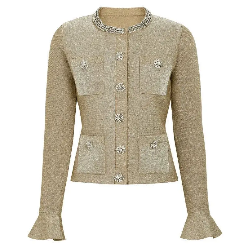 

Fashionable Knitted Slim Fit Shirt with Rhinestone And Lace Sleeves High Quality Spring Autumn New Style Women's European Sty...