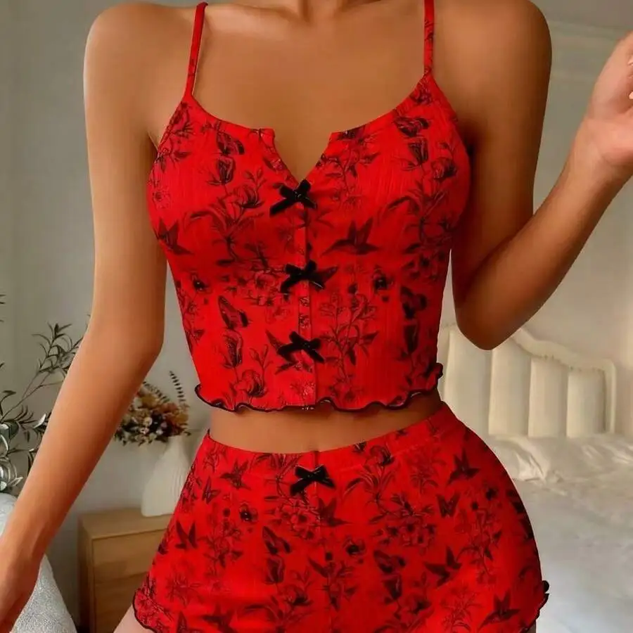 

Red Floral Print Womens Crop Camisole Pajama Set With Bow Decorations