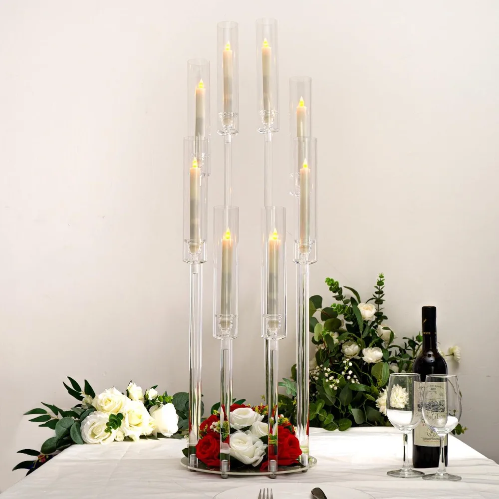 10 Sets 8 Arm Acrylic Candelabra Candle Holder,38.5 inches Tall with Shade for Party Event Dinner Decoration,Fit 0.8