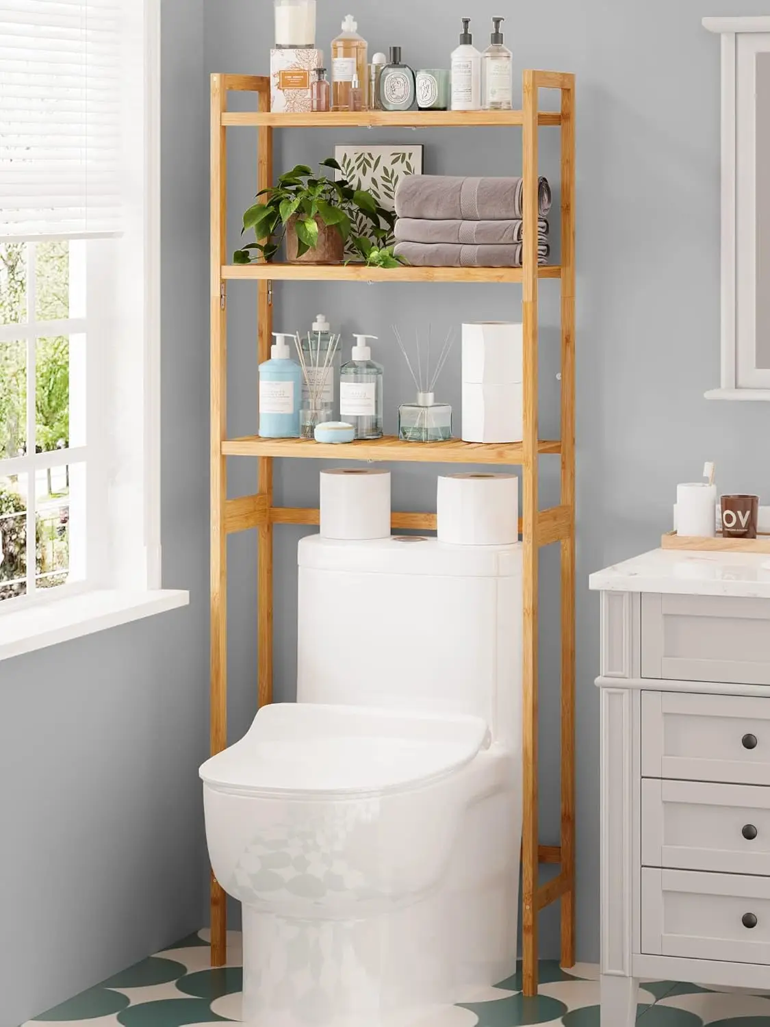 3-Tier Bathroom Organizer Over Toilet with Sturdy Bamboo Shelves ,Multifunctional Toilet  25 * 10 * 64 Inches (Original Color)