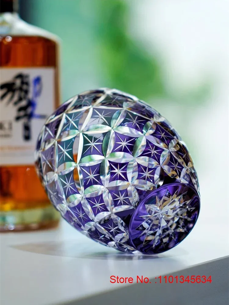 Violet Edo Kiriko Hand Cut Crystal Whiskey Glass Seven Treasure Pattern Wine Drinking Cup Brandy Whisky Snifter Wood Gift Box