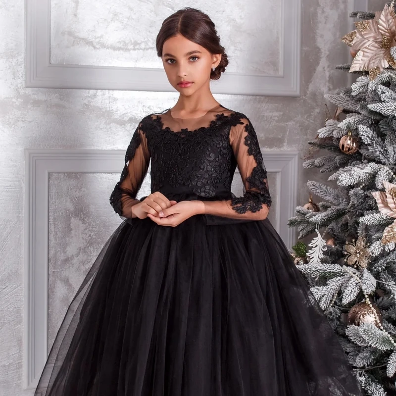 Black Flower Girl Dresses Tulle Appliques With Bow Long Sleeve For Wedding Birthday Party First Communion Gowns