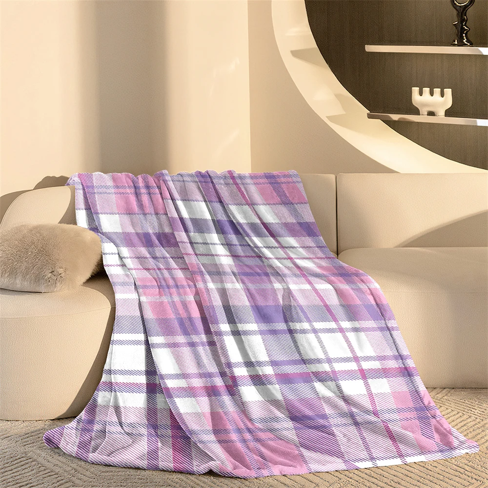 Pink Purple Gingham Check Flannel Blanket Cartoon Printed Throw Blanket for Kids Adults Soft Plush Bed Sofa Cover Gift