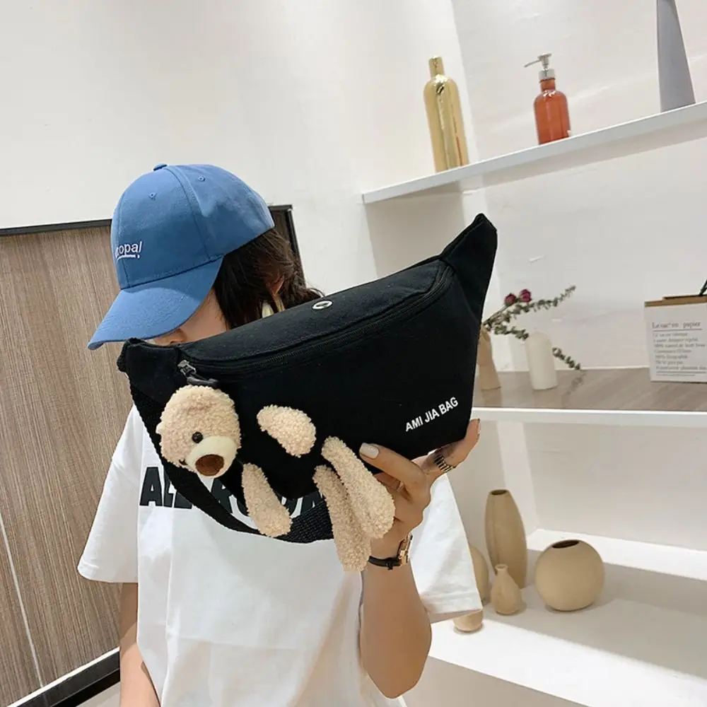 1PC Women\'s Cute Bear Waist Bag Canvas Belt Bags Designer Crossbody Chest Bag Female Solid Fanny Pack Banana Hip Purse