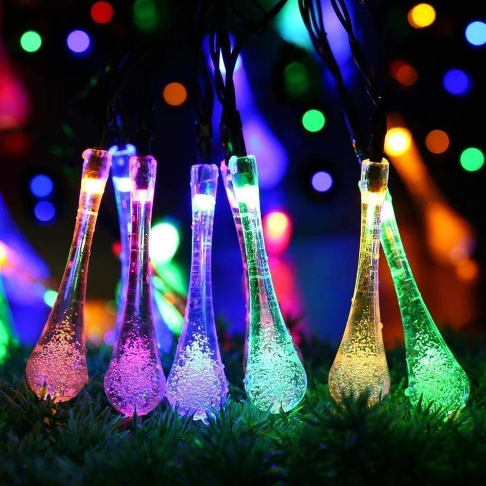 12/7/5m -100/50/20 LEDS Outdoor Water Drops Solar Lamp String Lights Fairy Holiday Christmas Party Garland Garden Waterproof