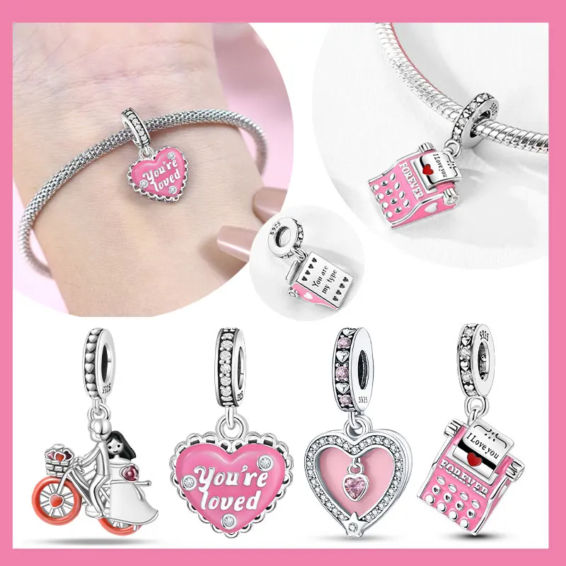 

925 Sliver Pink Series Zirconium Heart-shaped Beaded Sweet Couple Pendant Fit Original Bracelet for Women Charm Jewelry Gift