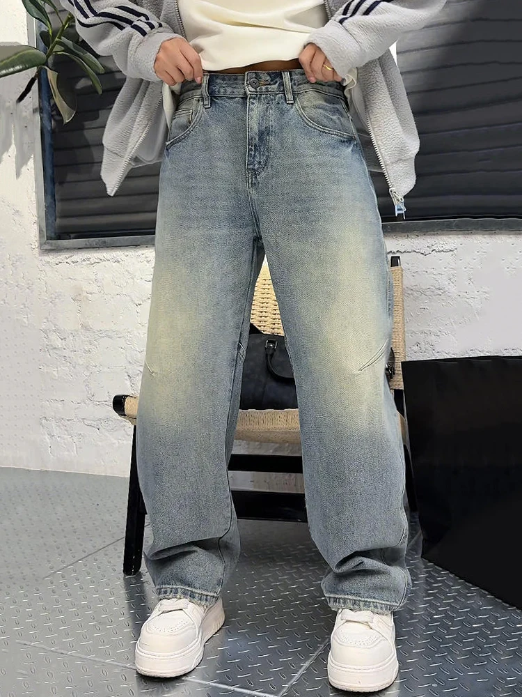 

Retro American Waed Denim Jeans Men's Spring Autumn New Loose Wide Angle Knife Straight Leg Casual Trousers