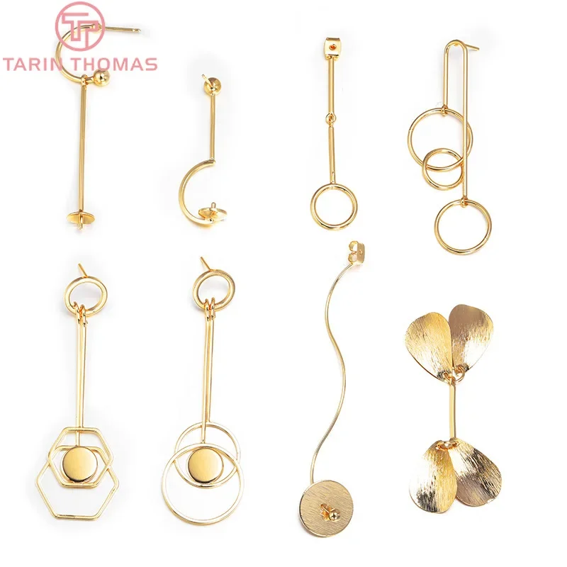 (4318)4PCS 10x77MM 24K Gold Color Plated Brass Round with Rod Charm Stud Earrings High Quality DIY Jewelry Making Findings