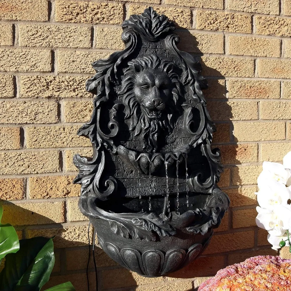 Lion Head 30-Inch Polystone Solar Wall Water Fountain with Battery Backup