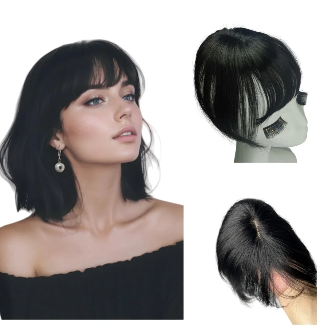 Adorno de cabello humano Natural para mujer con flequillo, pelucas pequeñas invisibles con Clip, perfecto para cubrir extensiones de cabello gris