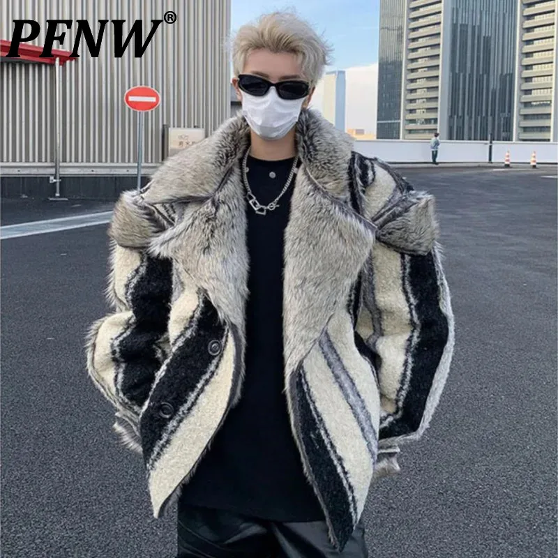 PFNW Autumn Winter New Men's Coat Thick Double-sided Woolen Deconstructive Printed Stripes Eco-friendly Faux Fur Jackets 12C1303