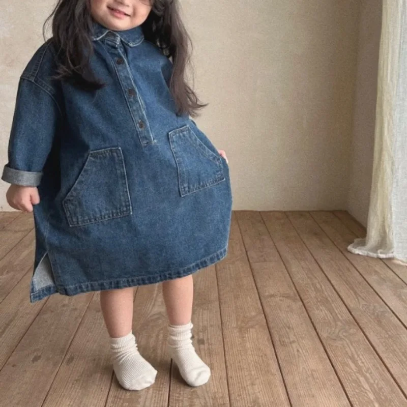 

2025 Autumn New Girls Lapel Denim Dress Children Long Sleeve Casual Dress Solid Baby Girl Loose Princess Dress Kids Clothes