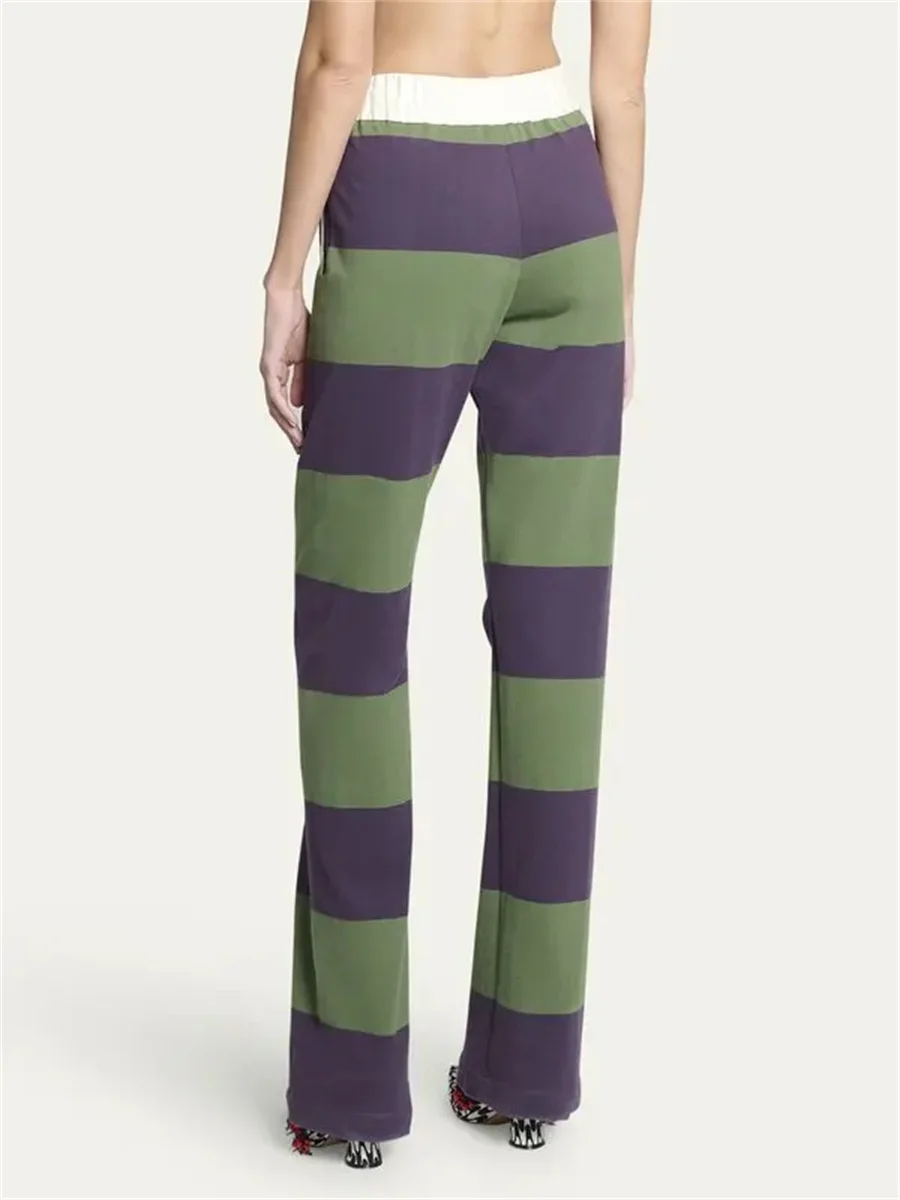 Vinatge Green And Purple Striped Lounge Pants Y2k Aesthetic Print Pajama Pants Drawstring High Waist Long Trousers Cozy Bottoms