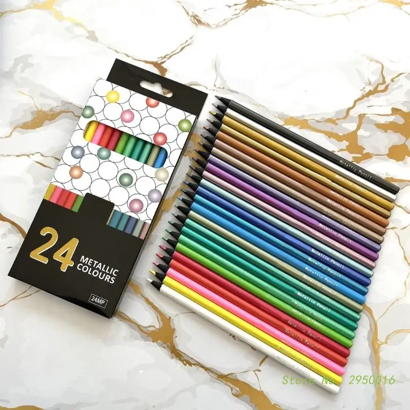 24 Colors Metallic Colored Pencils Non-toxic Black Drawing Pencils Pre-Sharpened Assorted Colors Wooden Sketching Pencils Set