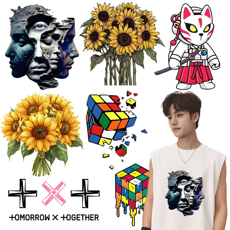 

Abstract heat transfer men's T-shirt Iron On sticker fashion sunflower couple T-shirt DIY decoration hot press washable sticker