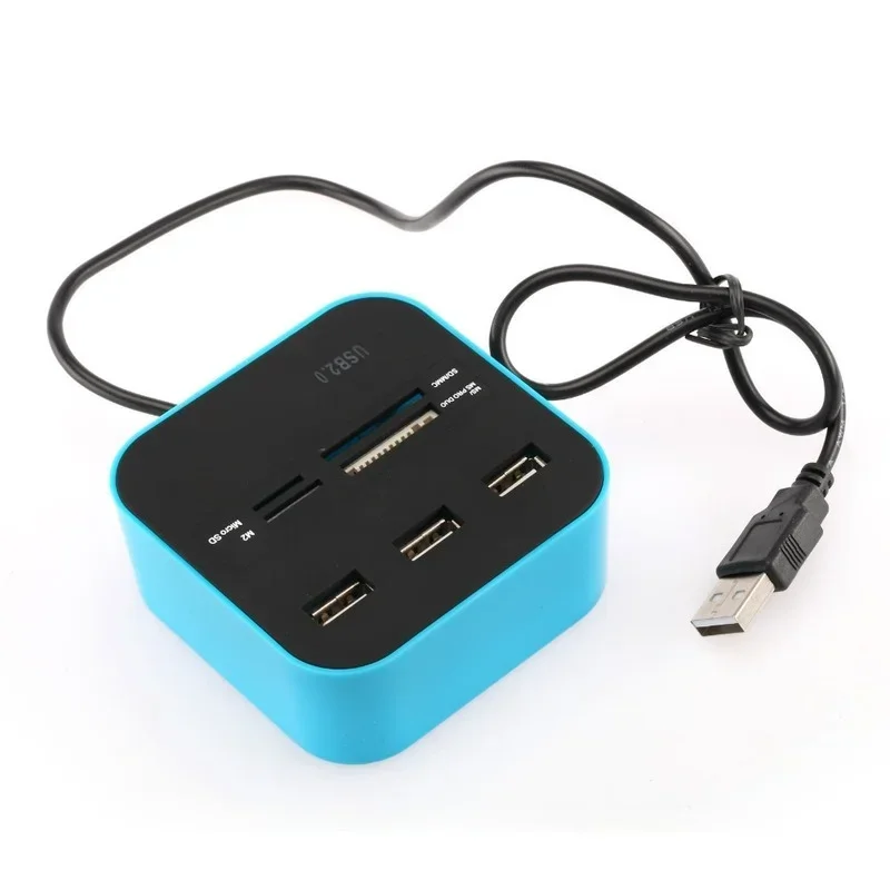 3-Port-Mini-Hub mit Kartenleser, All-in-One-USB 2.0-Hochgeschwindigkeits-Hub-Splitter-Adapter für PC und Laptop