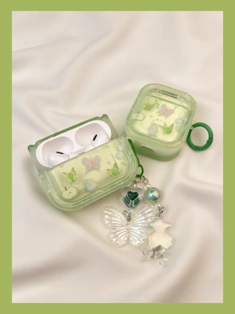 Zomergroene kubieke vlinderhoes voor Airpods1/2/3/pro Draadloze Bluetooth-hoofdtelefoonhoes met prachtige armband Mode-sieraden