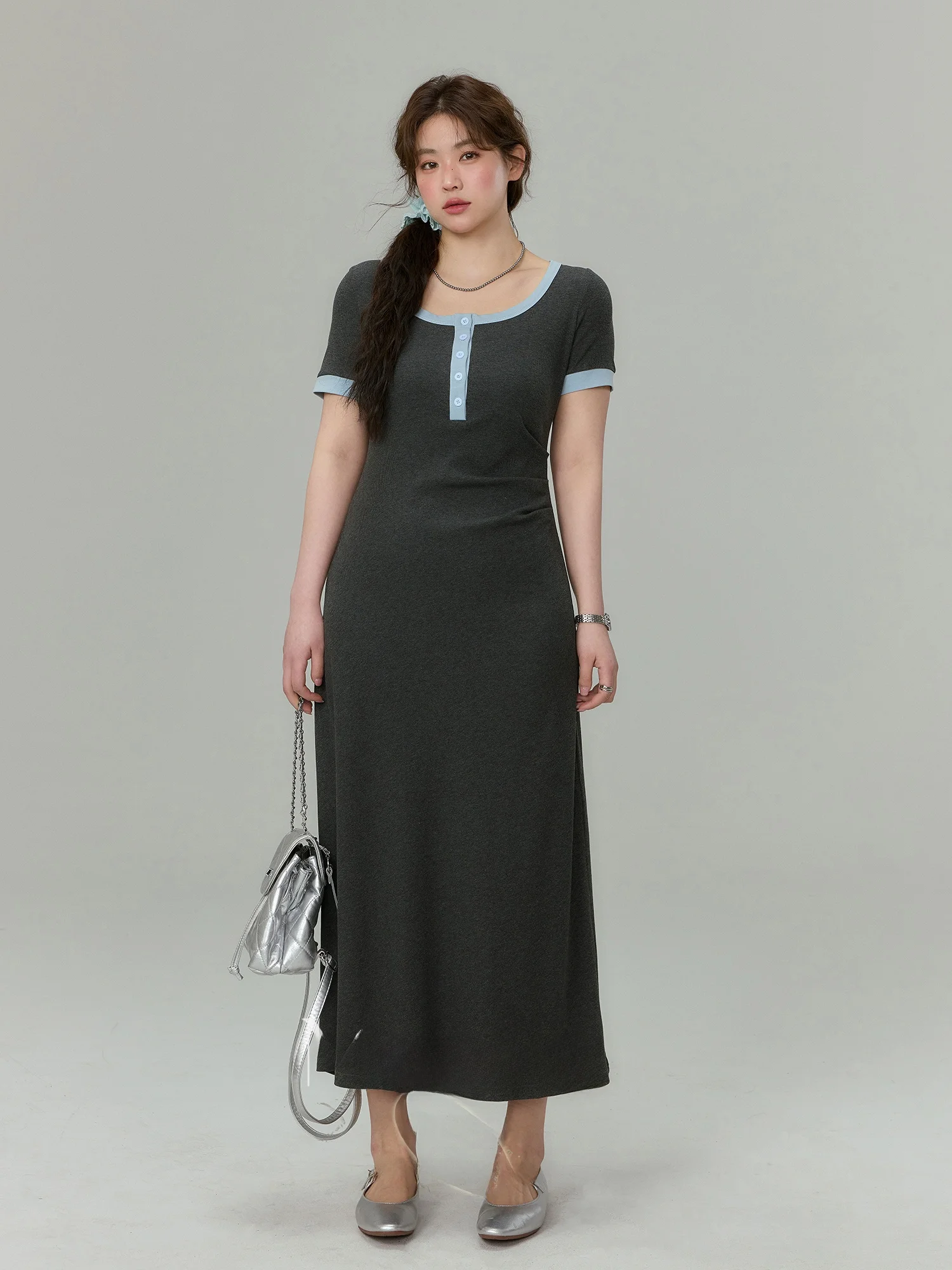 

Женское трикотажное платье больших размеров с коротким рукавом, А-силуэта, приталенное, с цветовыми блоками, с завышенной талией, длинное, в корейском стиле, для повседневной носки, модное