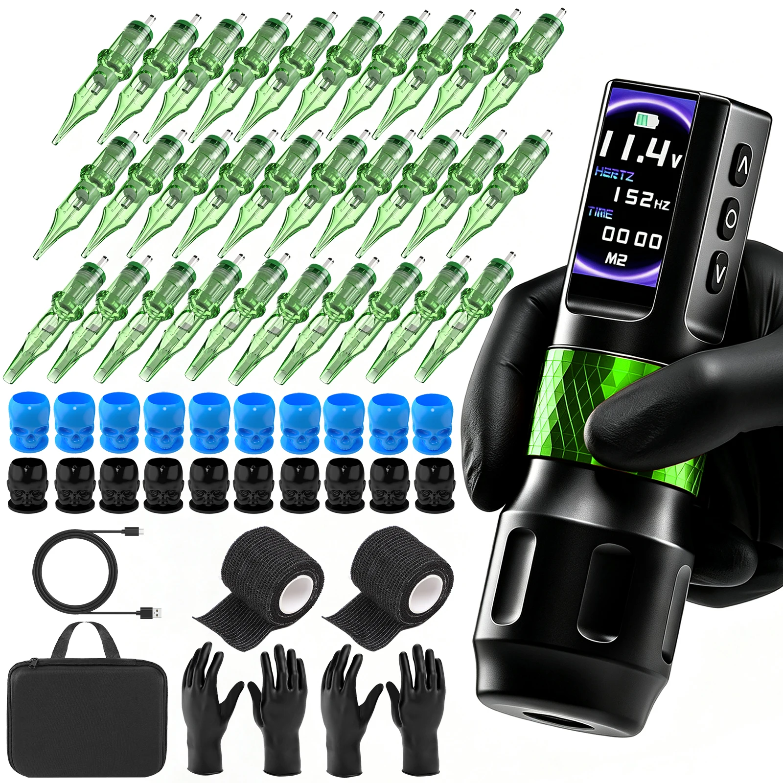 YILONG Wireless Tattoo Pen Kit Brushless Motor 30Pcs Tattoo Needles Rotary Machine with LED Display for Professional Body Art