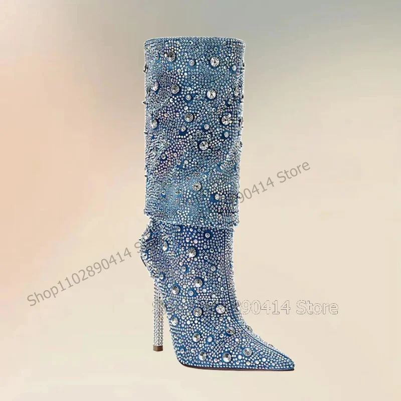 

Rhinestone Decor Blue Denim Pointed Toe Boots Slip On Women Shoes Thin High Heels Novel Fashion Party 2025 Zapatos Para Mujere