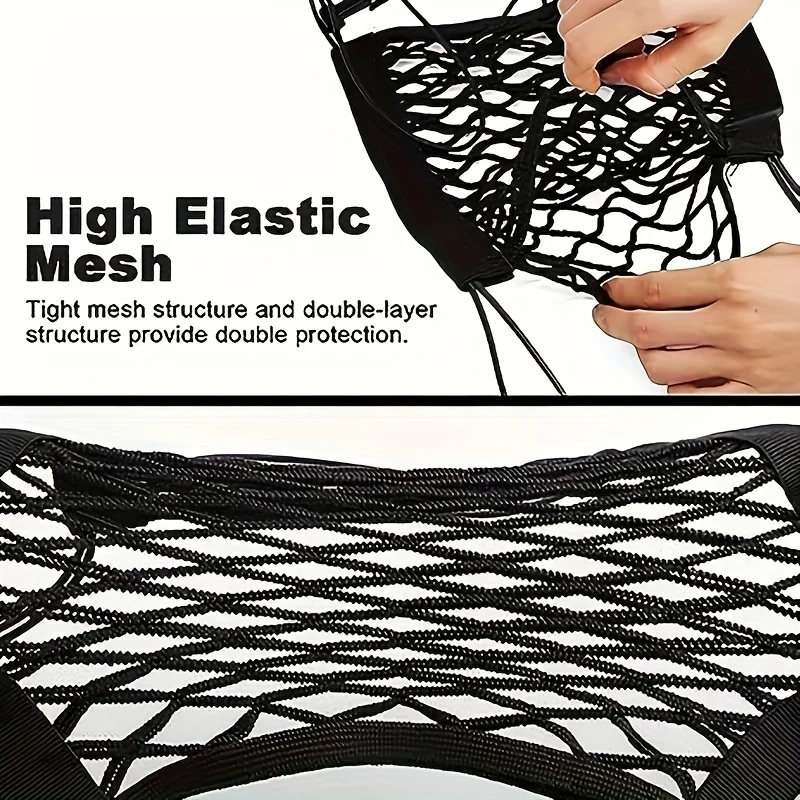 2-piece set for vehicles: helmet fixing clip + non-slip net bag. Universal for motorcycles and cars. Adjustable and retractable