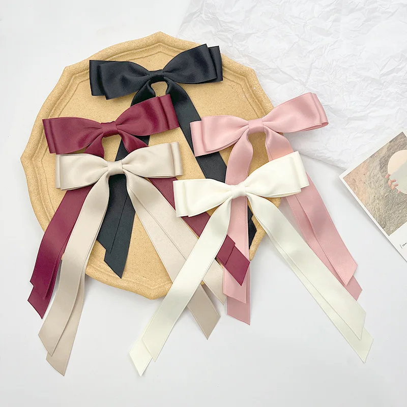 Bulk 30pc/lot Solid Color Satin Ribbon Bow Hair Clips Women Girls Long Tails Ribbon Bowknot Hairgrips Hairpins for Kids Headwear