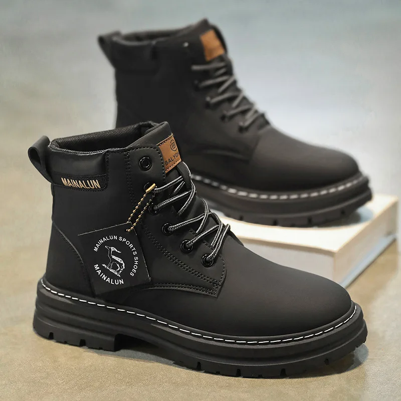 Classic Men High Top Boots High Quality Yellow Leather Boots Fashion Outdoor Sneakers Men Lace Up Non-Slip Ankle Boots for Men