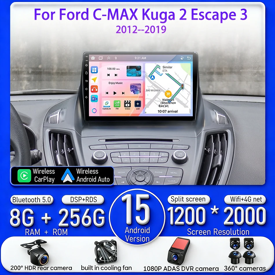 Android 15 For Ford C-MAX Kuga 2 Escape 3 2012 - 2019 Video Player Radio Navigation Car Multimedia Stereo CarPlay Auto GPS 2din