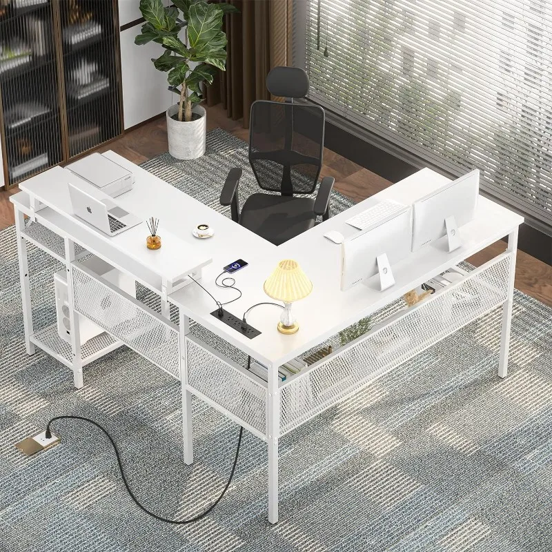 

L Shaped Desk, Reversible Corner Computer Desk with Magic Power Outlets and Smart LED Light, Unique Grid Design, 55 Inch