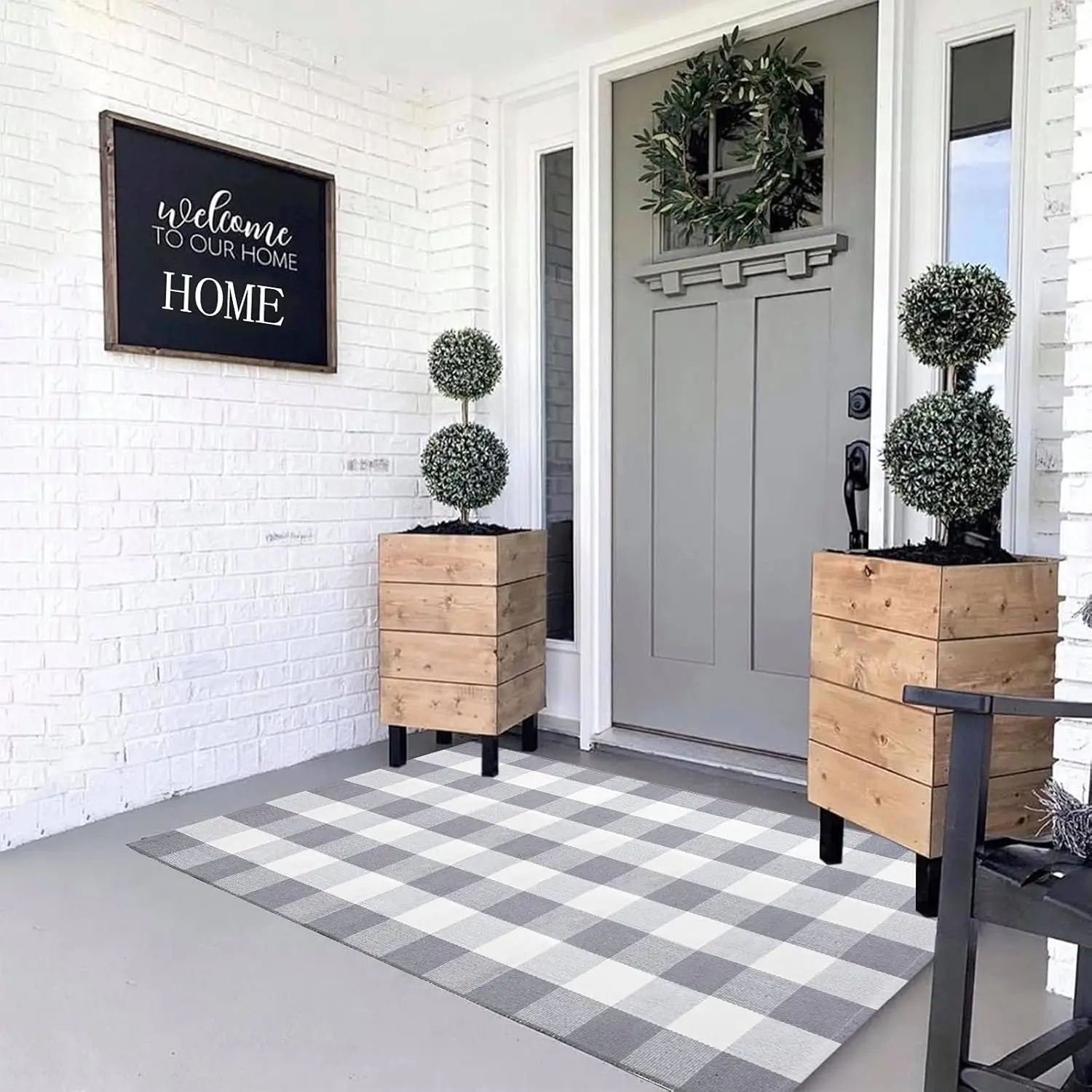 

Cotton Buffalo Plaid Rug, 3' x 5' Gray White Outdoor Rug Front Door Decorative Mat, Washable Doormat Hand-Woven Foldable Area