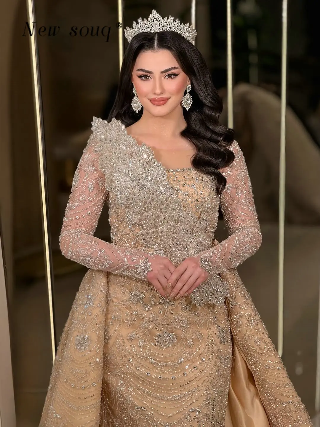 

Champagne Two Pieces Long Sleeves Formal Evening Dresses Muslim Sparkle Crystals Prom Gowns for Wedding Party Customized