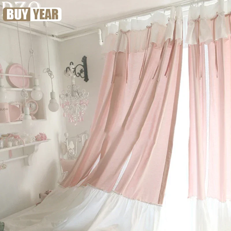 French Elegant Bowknot Lace Curtains Living Room Princess Pink Cotton Lace Curtains For Balcony Wedding Curtains #A197