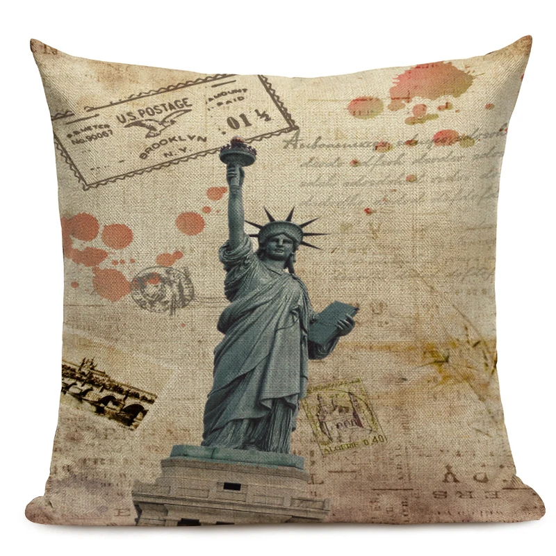 Paris Tower Decorative Cushion Cover Vintage Paris London Building Pillowcase Nostalgic Linen Throw Pillow Cover for Home Decor