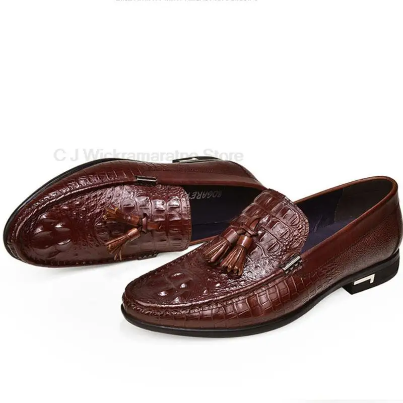 HKDQ Genuine Leather Mens Loafers Handmade Crocodile Print Wedding Party Casual Tassel Dress Shoe Summer Autumn Footwear For Men