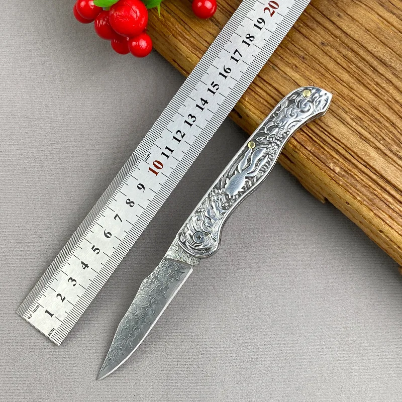 Cross-Border Damascus Knife All-Steel Handle Meat Knife Household Camping Outdoor Portable Fruit Knife Hand Meat Knife