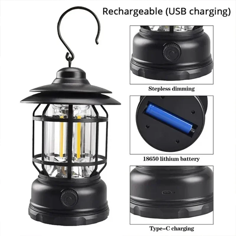 Imagem -06 - Lanterna Usb Recarregável Alimentada por Bateria Luz de Acampamento Retro Led Suspenso Impermeável Lâmpada de Tenda para Caminhadas Pacote de 2