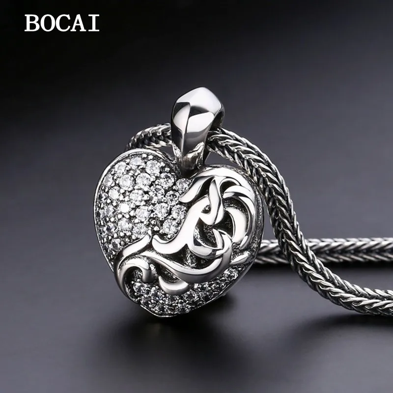 BOCAI S925 Pure Silver Retro Personalized Women's Heart-shaped Diamond Patterned Pendant With