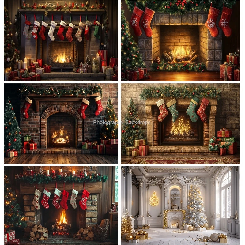 

Cozy Christmas Day Scene Fireplace Photography Backdrop Props Winter Living Room New Year Gift Holiday Photo Background RS-07