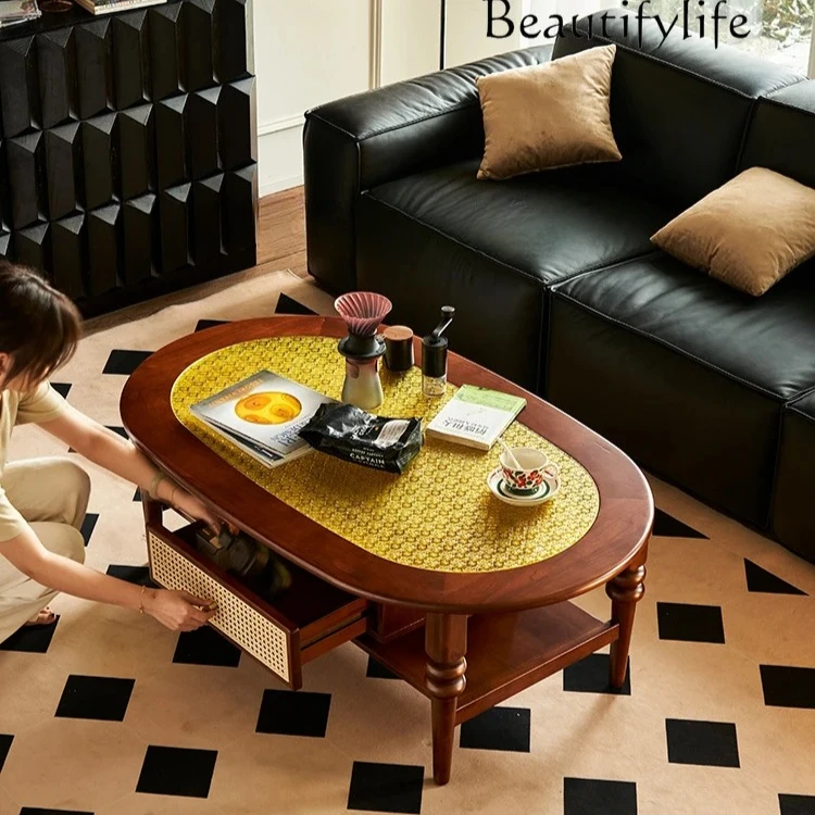 

French Retro Solid Wood Coffee Table Oval Rattan Glass Art Small Apartment Double-Layer Low Table