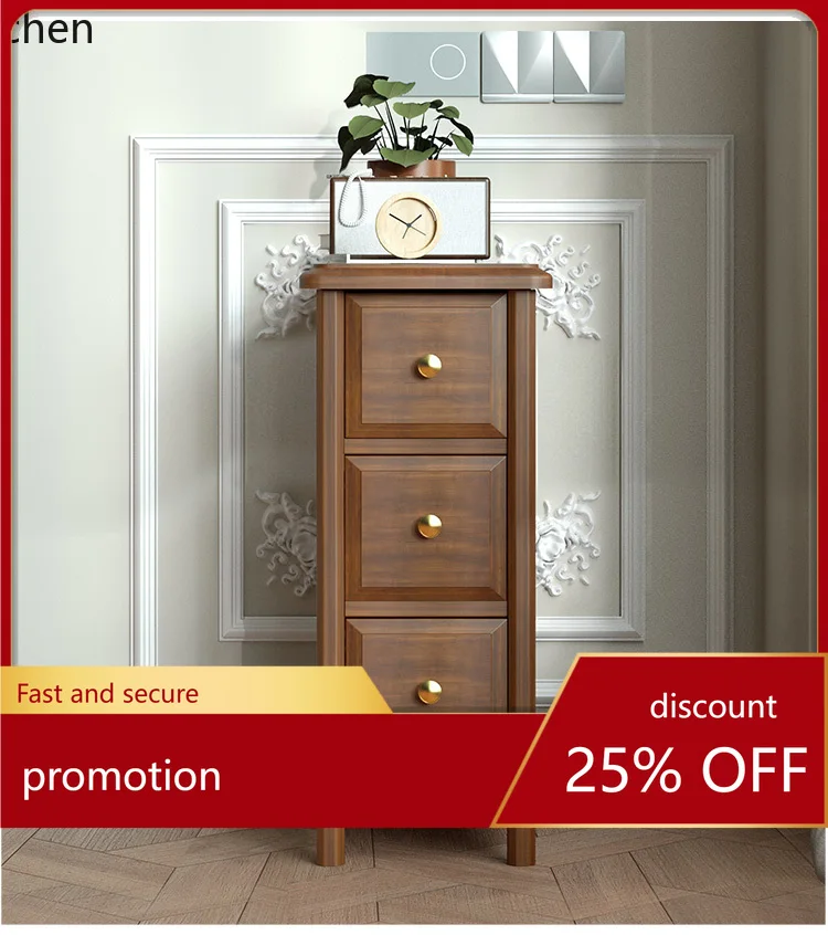 YFY Solid Wood Chinese Style Walnut Small Apartment No-Installation 30-40-50-60cm Bedside Table 3-Drawer Narrow Nightstand