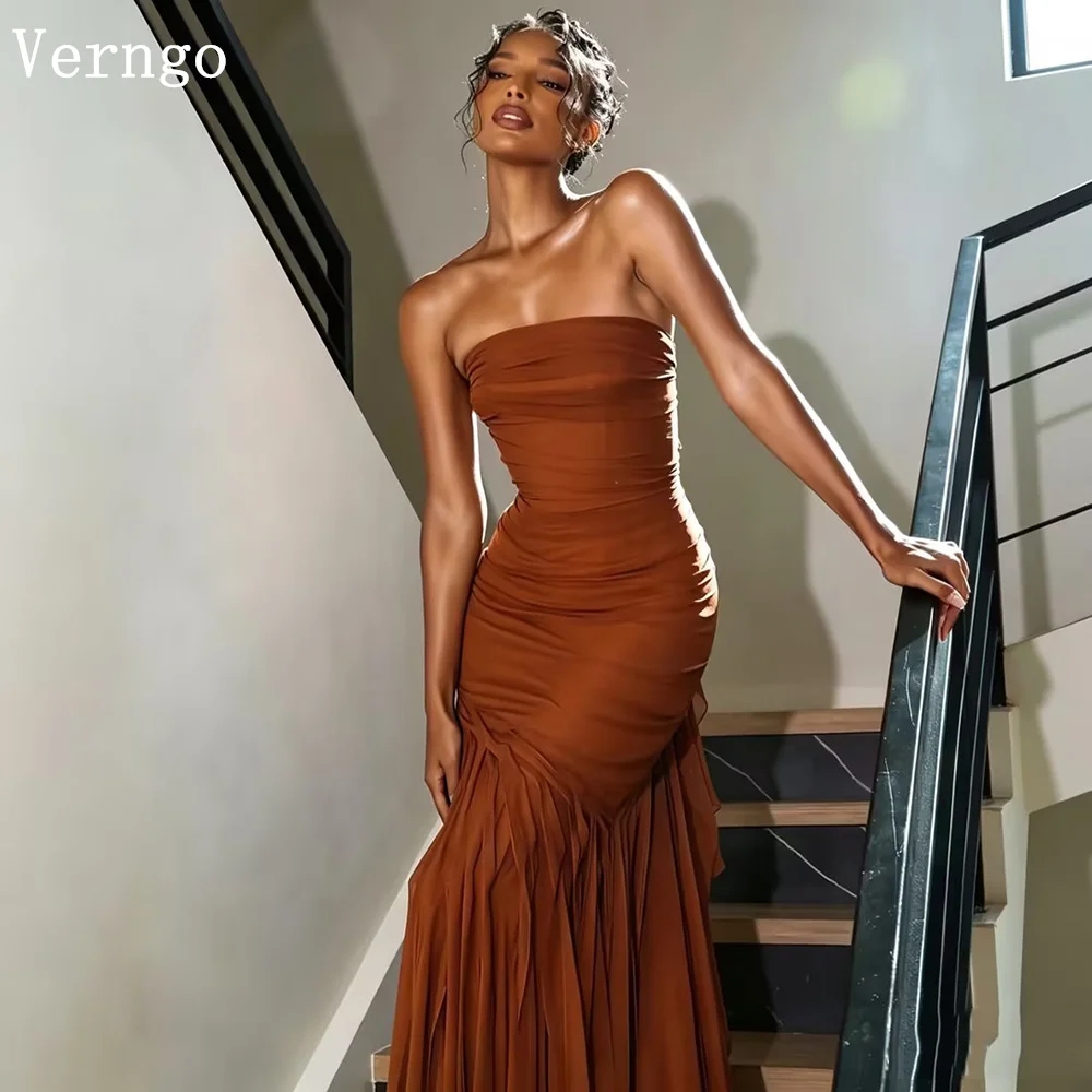 

Verngo Brown Crepe Evening Dress Strapless Pleated Prom Party Dresses Mermaid Simple Sweep Train Prom Gowns Customized