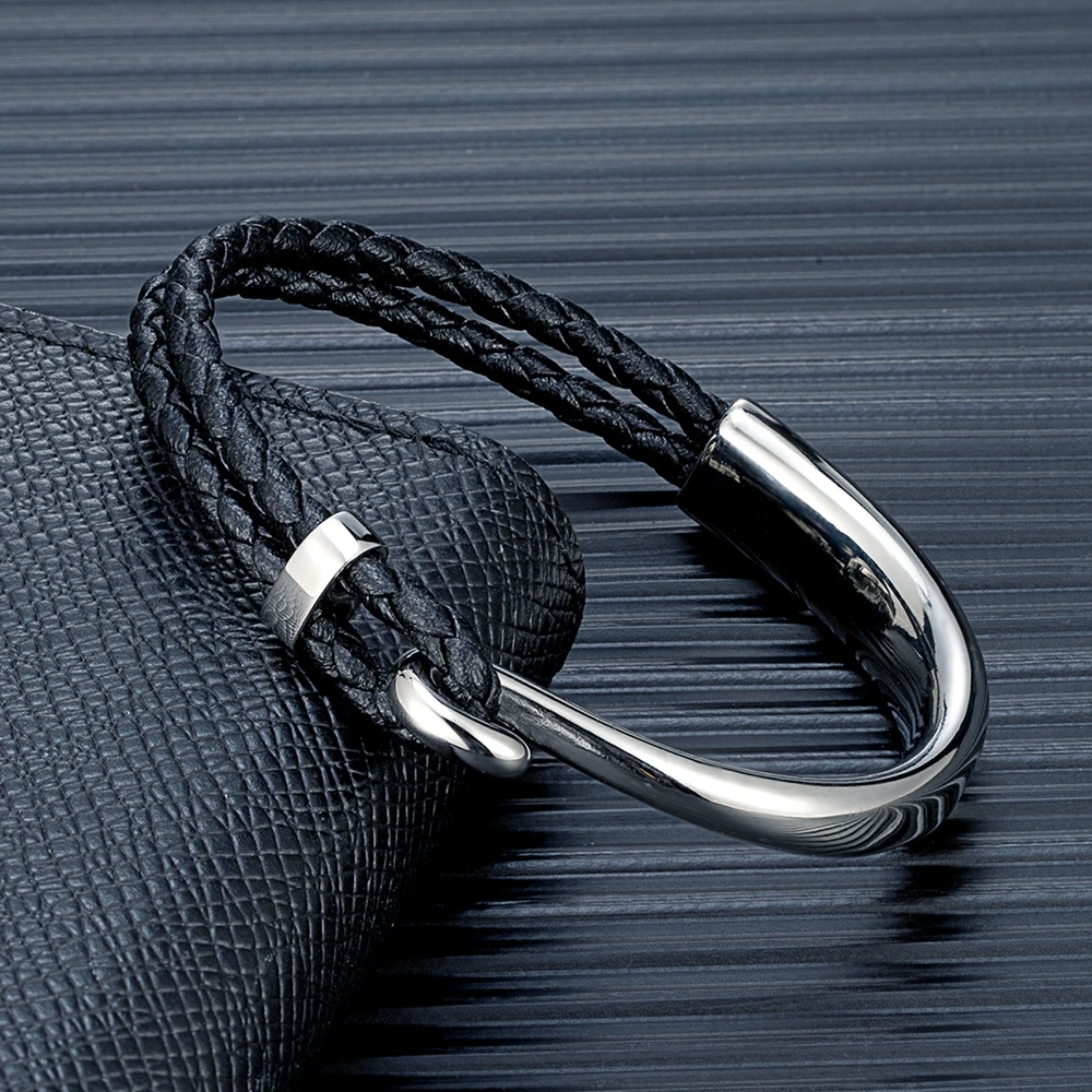 Trendy Black Braided Leather Bracelet Non-fading Polished Stainless Steel Hook Classic Cuff Charm Bracelet for Men Male Gifts