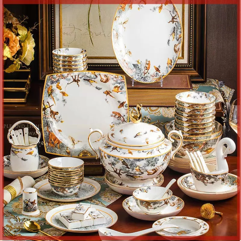 King of the forest bowls and dishes set Jingdezhen ceramic bowls, plates and chopsticks household bone china tableware